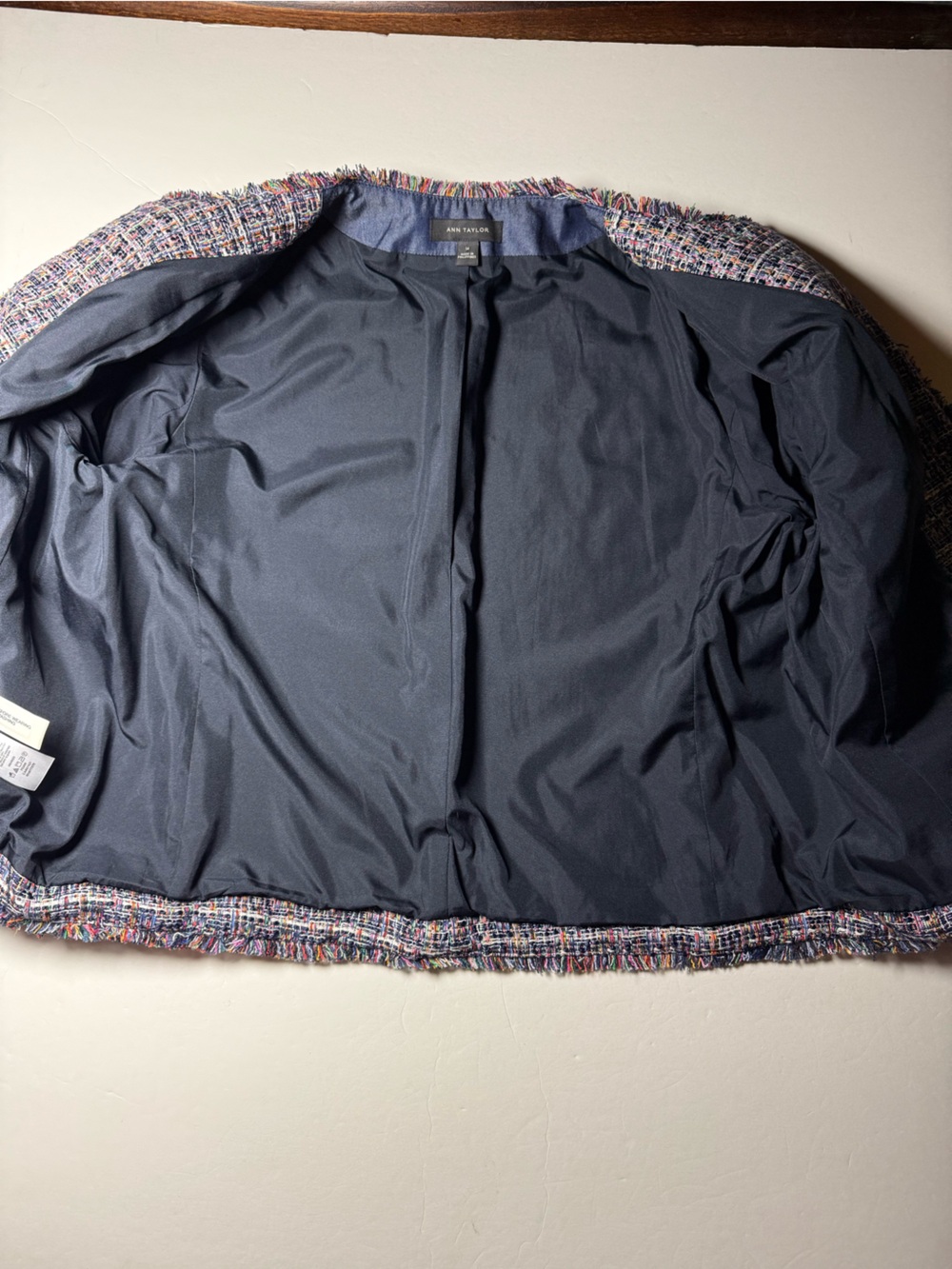Ann Taylor Multicolor Tweed Fringe Jacket Blazer Navy Trim Size 14 - Picture 6 of 10